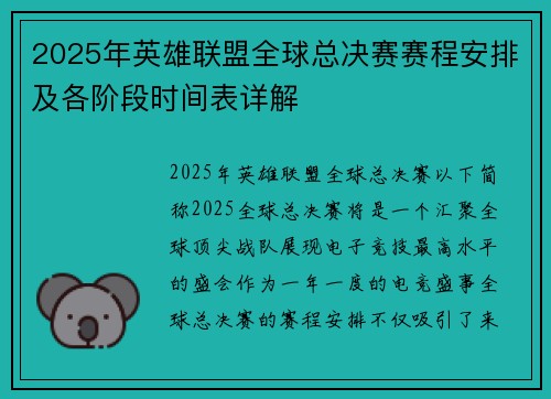 2025年英雄联盟全球总决赛赛程安排及各阶段时间表详解